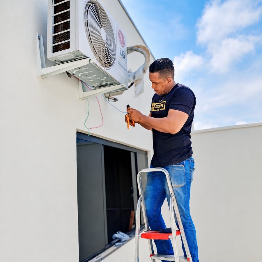 Técnico da Palmas Eletro instalando ar-condicionado split e fazendo a ligação elétrica
